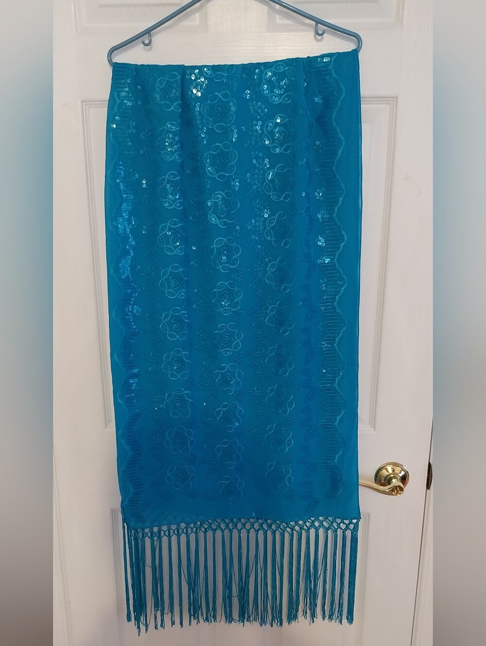 Vibrant Women’s Teal Embroidery Scarf With Fringe
